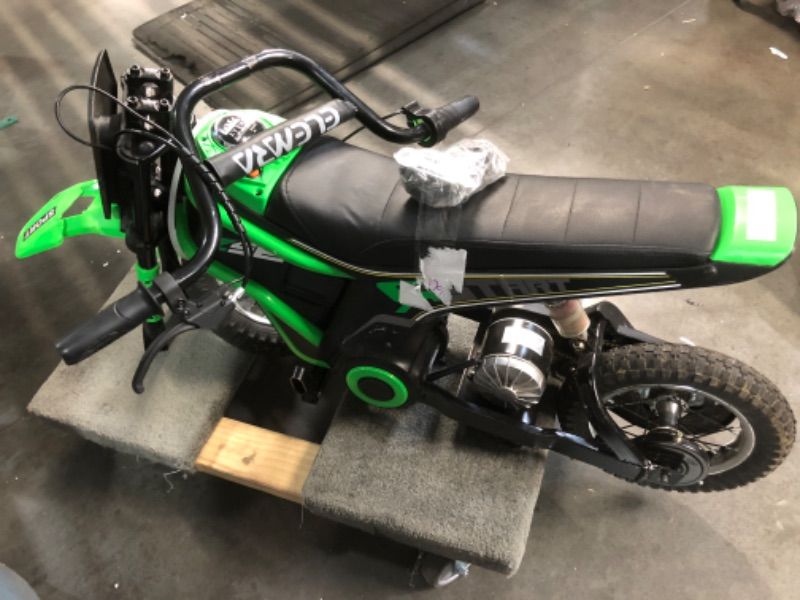 Photo 1 of ***DAMAGED, SEE PHOTOS*** ELEMARA Electric Motorcycle, 350W Eelectric Dirt Bike for Kids, 15.5 mph & 150lb Max, w/Music & Bluetooth, Chain-Driven Motor,Twist-Grip Throttle & Hand-Operated Rear Brake,12" Air-Filled Tires-Green