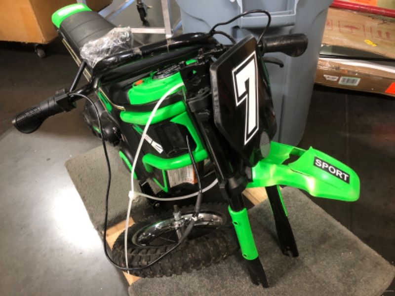 Photo 1 of ***DAMAGED, SEE PHOTOS*** ELEMARA Electric Motorcycle, 350W Eelectric Dirt Bike for Kids, 15.5 mph & 150lb Max, w/Music & Bluetooth, Chain-Driven Motor,Twist-Grip Throttle & Hand-Operated Rear Brake,12" Air-Filled Tires-Green