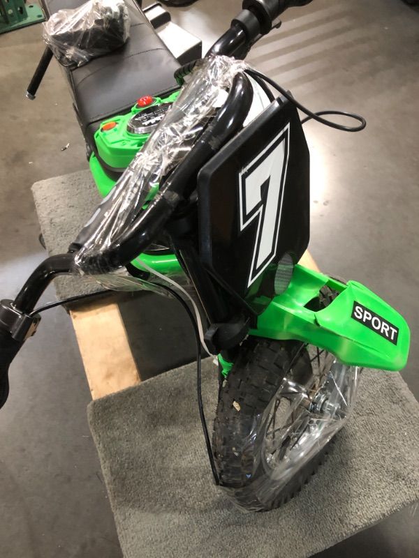 Photo 1 of ***DAMAGED, SEE PHOTOS*** ELEMARA Electric Motorcycle, 350W Eelectric Dirt Bike for Kids, 15.5 mph & 150lb Max, w/Music & Bluetooth, Chain-Driven Motor,Twist-Grip Throttle & Hand-Operated Rear Brake,12" Air-Filled Tires-Green