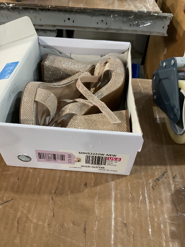 Photo 1 of ***(HEAVILY USED/ MINOR DAMAGE)***DREAM PAIRS Heels for Women Block Chunky Platform High Heels Open Toe Fashion Wedding Party Evening Prom Dance Ankle Strap Dress Pump Sandals Shoes,Size 8,Gold-Glitter