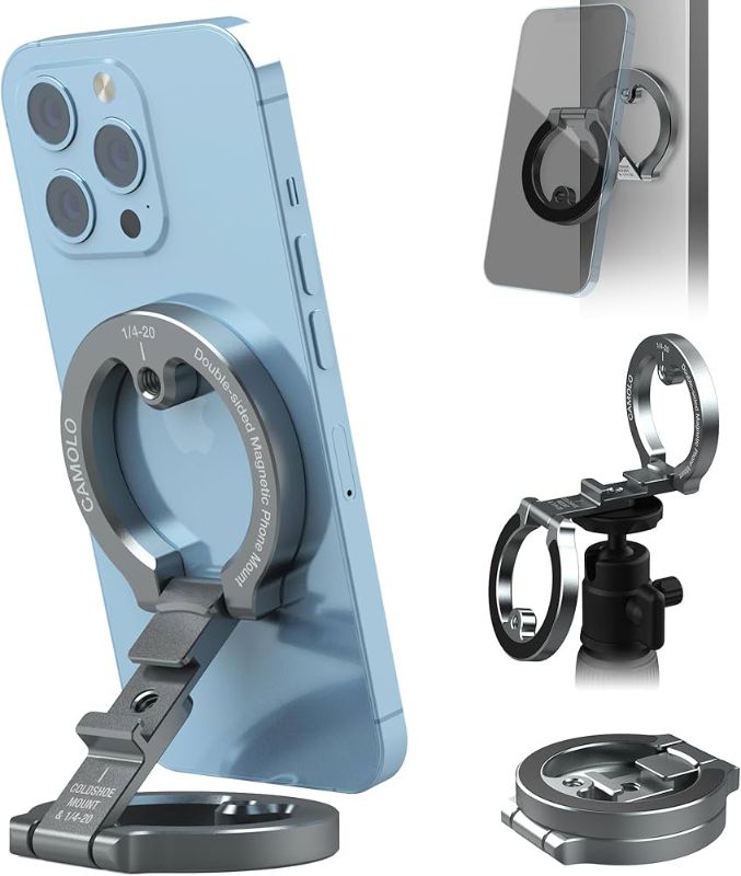 Photo 1 of ***STOCK PHOTO FOR REFERENCE ONLY*** CAMOLO GEEK Dual Magnetic Phone Holder Compatiable with Magsafe for iPhone 16 15 14 13 12 Pro Max Plus Series, 1/4" Screw Tripod Mount, Gym Magnetic Phone Stand Travel(Silver)
