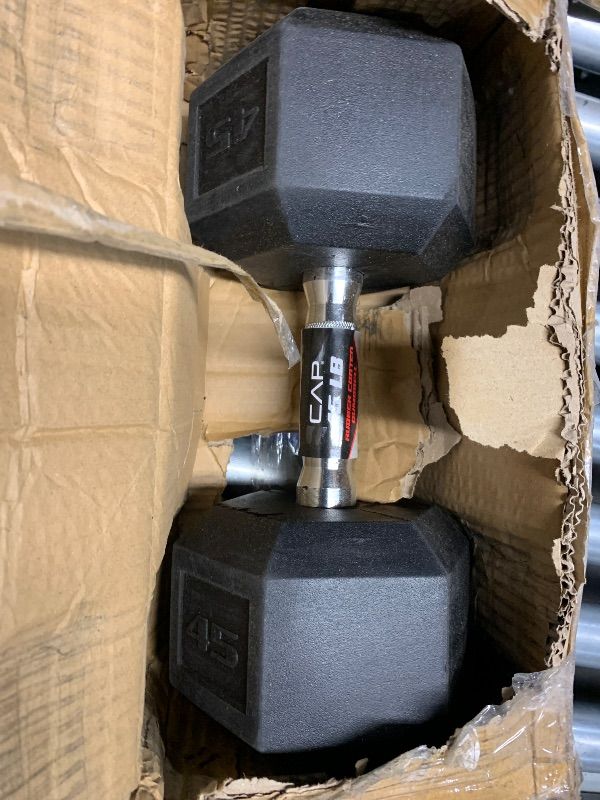 Photo 1 of ***Only one dumbbell included

CAP Barbell 45 LB Rubber Coated Hex Dumbbell Hand Weight - Pair | Chrome Handle