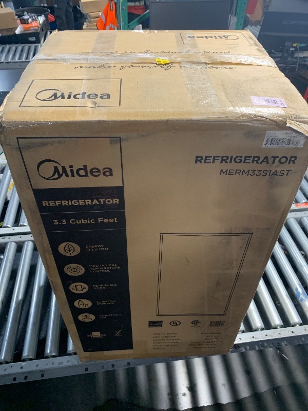 Photo 1 of ****STOCK PHOTO FOR REFERENECE ONLY****NEEDS TO BE CLEANED*** Midea MERM33S1AST Mini Fridge, 3.3 Cu.ft Compact Fridge with Internal Light, Adjustable Thermostat, Reversible Door, Low Noise for Dorm, Office, Bedroom, Stainless Steel