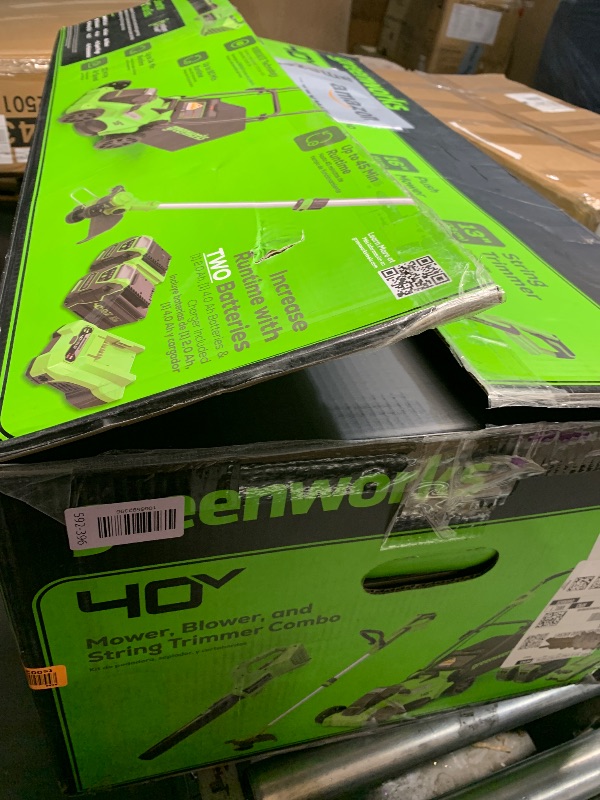 Photo 1 of **MISSING BATTERIES AND CHARGER**Greenworks 40V 16" Brushless Cordless (Push) Lawn Mower + Blower (350 CFM) + 13" String Trimmer (Bonus Spools), 4.0Ah + 2.0Ah Battery and Charger Included (75+ Compatible Tools)