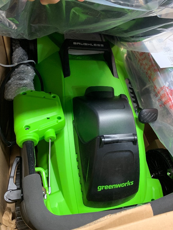 Photo 1 of **MISSING BATTERIES AND CHARGER**Greenworks 40V 16" Brushless Cordless (Push) Lawn Mower + Blower (350 CFM) + 13" String Trimmer (Bonus Spools), 4.0Ah + 2.0Ah Battery and Charger Included (75+ Compatible Tools)