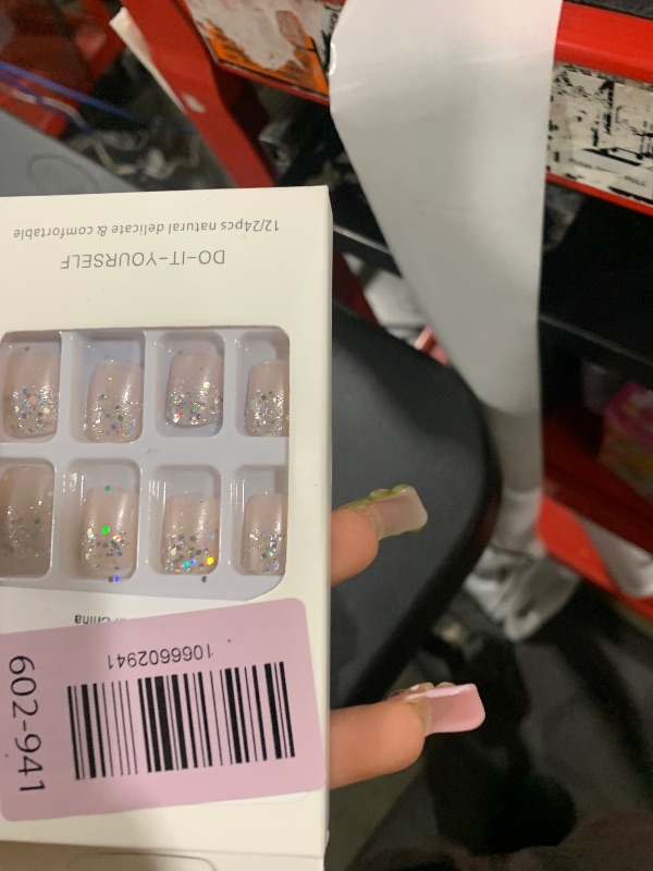 Photo 1 of 24 PCS Press on Nails, Short Medium Square Silver Gradient French Gel Nail Fake Nails, Glue On Nails Kit, Reusable Pink False Nails with Mini Nail File for Women, Silver Gradient French