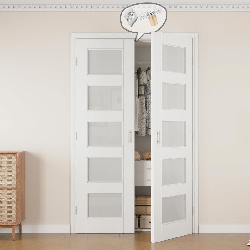 Photo 1 of Ball Catch French Doors, 5 Panel Frosted Glass Solid Core Pre-Finished & Paintable Double Doors with Ball Catches & Hinges & Handles, White Door, Swing Closet Door Interior  ( size unkown )