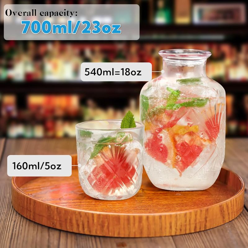 Photo 1 of  Bedside Water Carafe and Glass Set 18 OZ Vintage Glass Water Pitcher with 5 OZ Cup Set Clear Glass Water Pitcher for Bedroom,Bar,Bathroom,Hotel,Restaurant,Juice,Mouthwash Container,Style-2