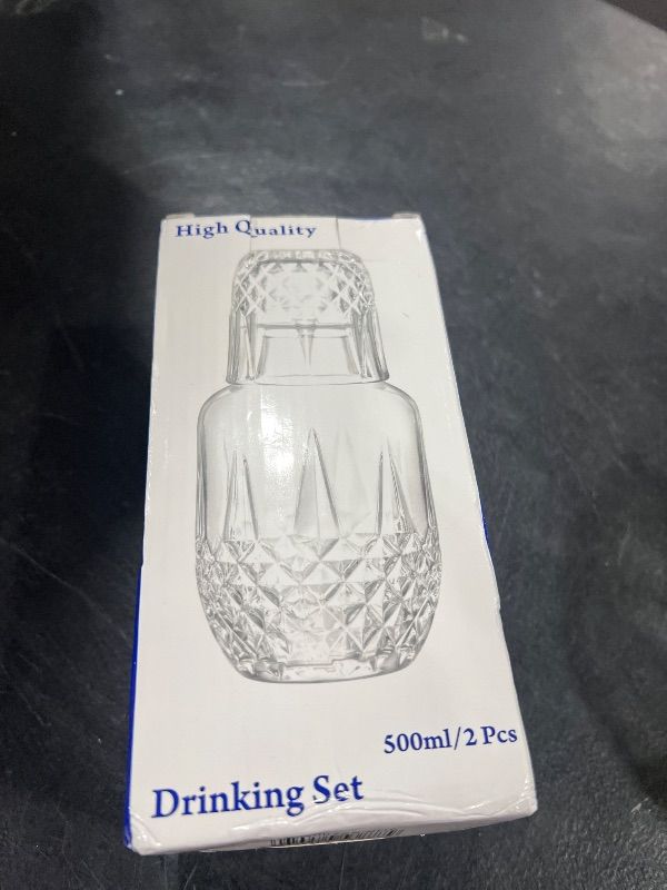 Photo 1 of  Bedside Water Carafe and Glass Set 18 OZ Vintage Glass Water Pitcher with 5 OZ Cup Set Clear Glass Water Pitcher for Bedroom,Bar,Bathroom,Hotel,Restaurant,Juice,Mouthwash Container,Style-2
