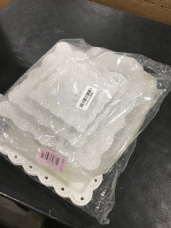 Photo 1 of 10 Pcs Cake Stand White Plastic Dessert Table Display Set 4 Pcs 3 Tired Cupcake Stand Cookie Tray Rack Serving Tray Cake Display Tower and 6 Pcs Dessert Trays for Wedding Baby Shower Tea Party (White)