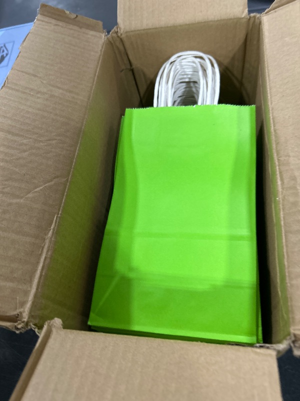 Photo 1 of 100 Pack 5.25x3.25x8.25 Inch Small Grass Green Kraft Paper Bags with Handles Bulk, Toovip Gift Wrap Bags for Favor Grocery Retail Party Birthday Shopping Business Goody Craft Merchandise Takeout Sacks