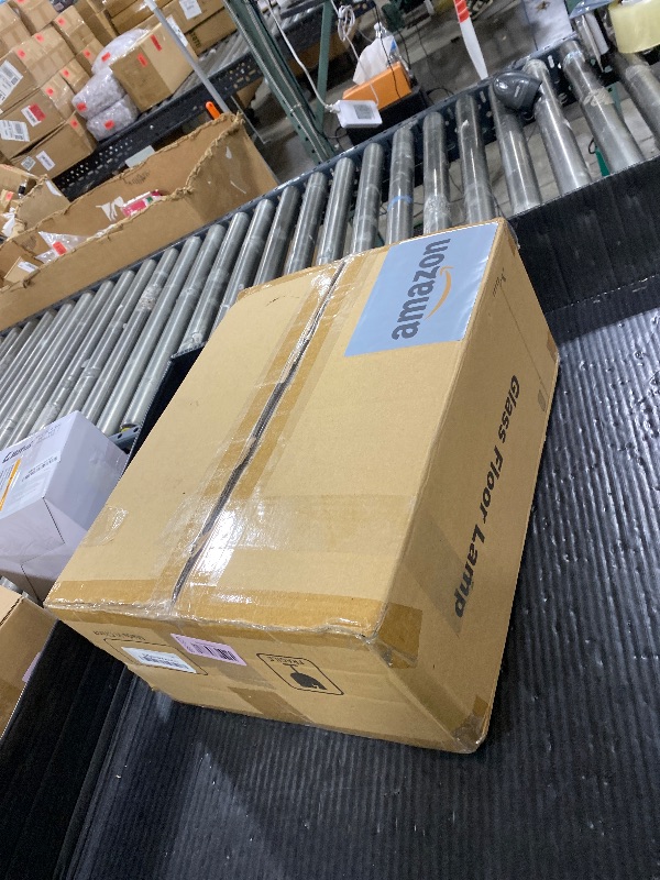 Photo 1 of ?Upgraded? Dimmable Glass Floor Lamp for Living Room, Modern Gold Standing Lamp with Amber Ribbed Glass Lampshade & Knob Dimmer, Arc Tall Lamp for Bedroom Office Reading Room, 2700K Led Bulb Included