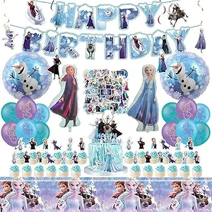 Photo 1 of 102 Psc For Frozen theme party setup, easy to assemble decorations, including children's DIY cake toppers and background cloth sets, perfect for children's birthday parties.