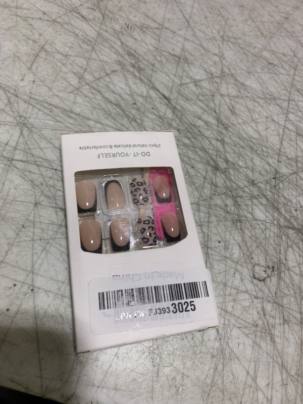 Photo 1 of 24 Pcs French Press on Nails Short Square Shaped Fake Nails with Black Leopard Print Designs Full Cover Acrylic Nails Glossy False Nails Stick on Nails Women Nails Manicure Decoration