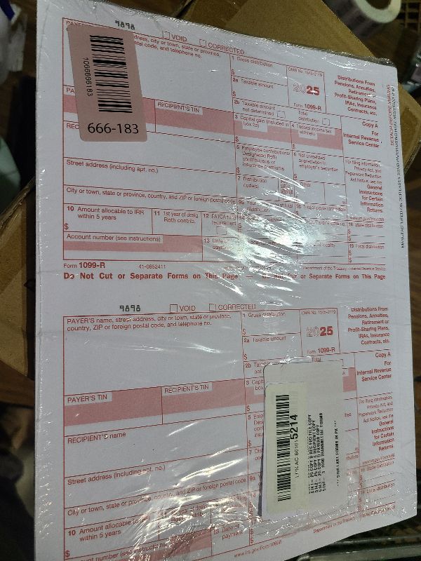 Photo 1 of 1099-R Tax Forms 2025 (distributions) 25 Sets of 4-Part, Laser Forms, Federal and State Copies (2 Forms on a Sheet) with 3 1096 Transmittals, 2025