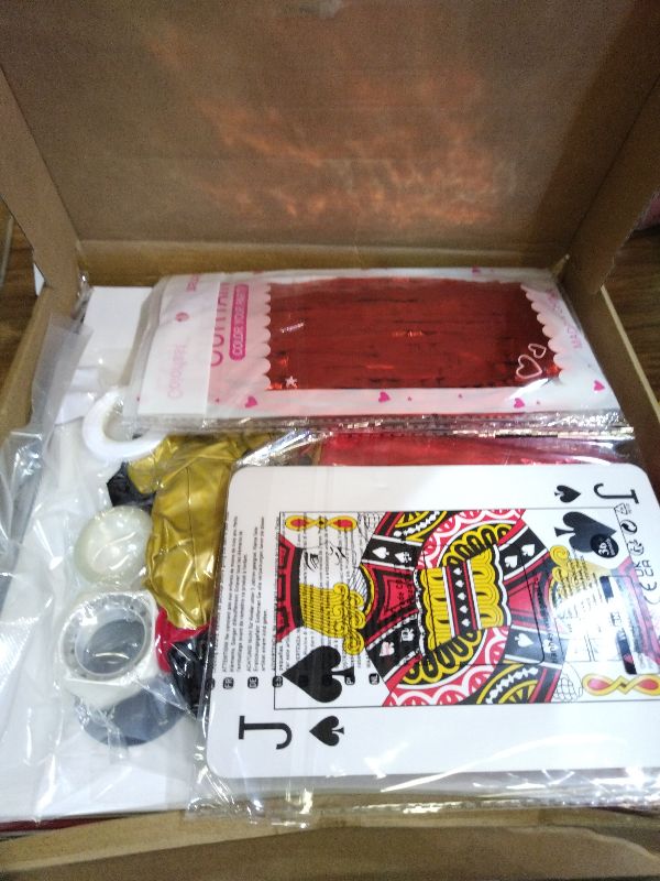 Photo 1 of 132Pcs Casino Theme Party Decorations, Dice Boxes Large Poker Cards Black Red Gold Balloon Garland Star Foil Balloons for Vegas Themed Party and Casino Night Birthday Celebrations