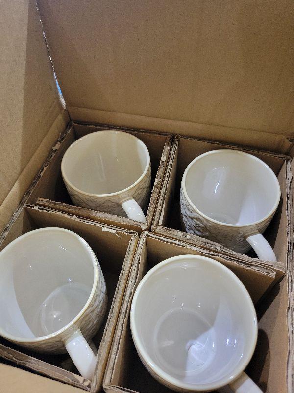 Photo 1 of 16OZ Ceramic Embossed Coffee Mugs Set, Large White Coffee Cups with Handles, Porcelain Mug Sets with Patterns for Milk, Tea, Latte, Cocoa, Mocha, Cappuccino, Dishwasher Safe, Cups Set Gift (4PCS)