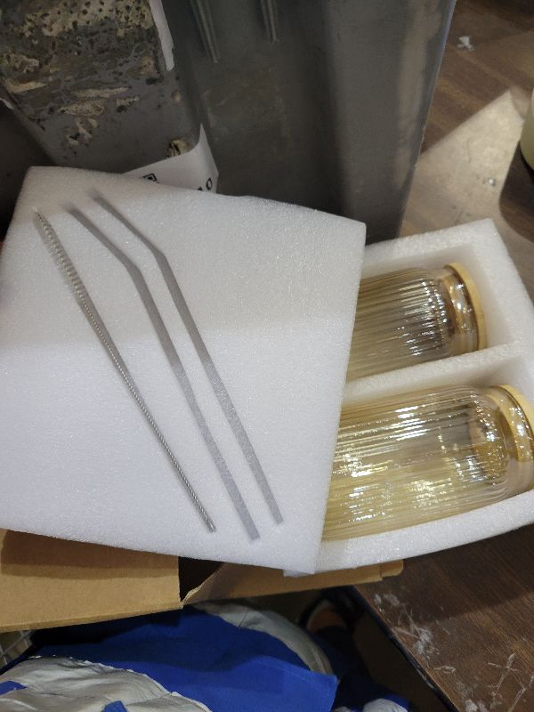 Photo 1 of 2 PCS Glass cups with Lids and Straws, 16 OZ Iced Coffee Cups, Ribbed Glass Tumbler with Straw and Bamboo Lid, Thick Drinking Beer Glasses for Coffee, Juice, Match Cup with Cleaning Brush (Yellow)