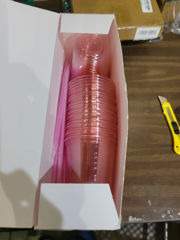 Photo 1 of 12oz Disposable Stemless Glasses with Flat Lids and Straws,PET Disposable Drinking Cups,Clear Plastic Wine Glasses for Parties Birthday,Wedding,Meeting,Christmas Party Supplies. (50, Pink)