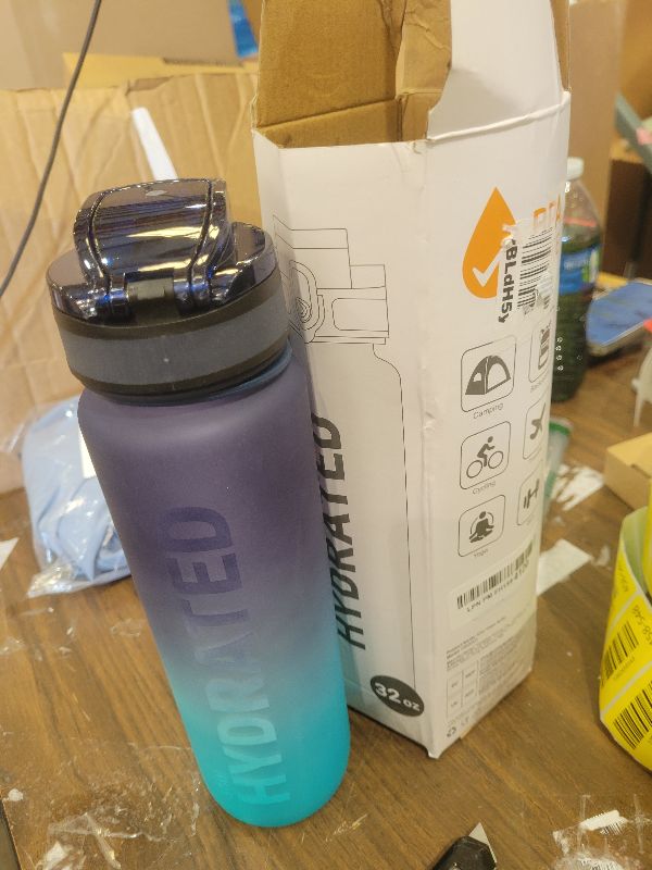 Photo 1 of  32oz Blue-Mix Water Bottle With Motivational and Time Marker, BPA FREE Quick Drink Without Straw, Suit Sports Office Gym School ect.