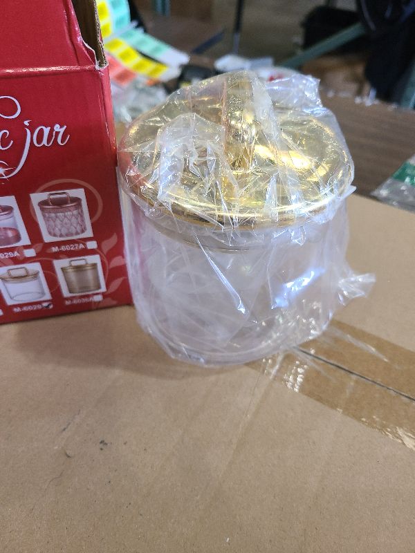 Photo 1 of 16 oz Small Acrylic Storage Apothecary Jar with Gold Airtight Lid | Bathroom Vanity Organizer Containers | Ideal Decorative Canisters for Shells, Bath Salt, Cotton Swabs, Cotton Ball, Flossers