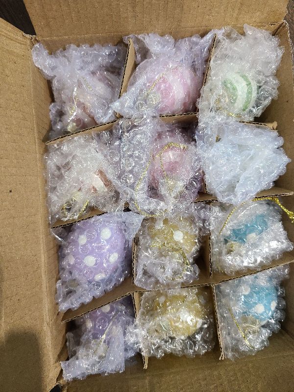Photo 1 of 12 Pcs Glass Easter Hanging Eggs- 1.8 Inch Easter Eggs Hanging Ornaments- Dots Stripes Easter Decorations Eggs Tree Ornaments for Party Birthday Home Garden Decoration