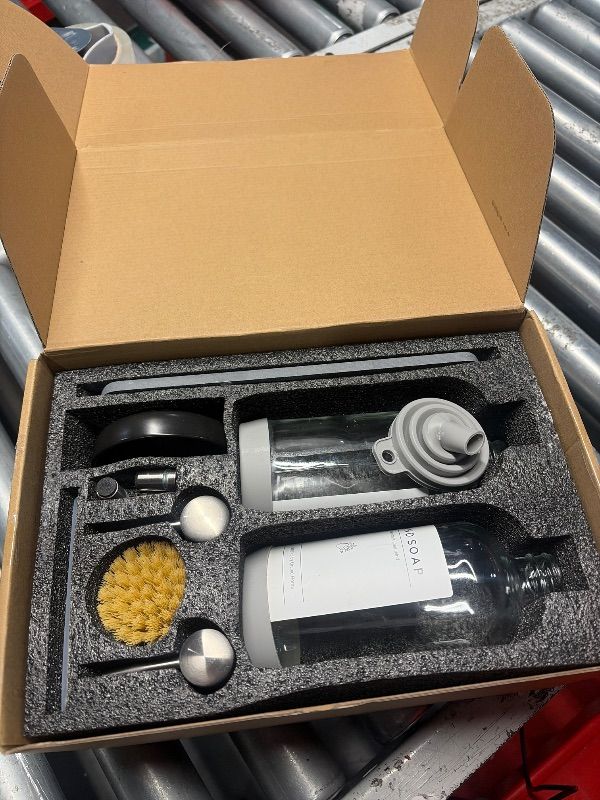 Photo 1 of [Luxury] Kitchen Soap Dispenser Set - 16OZ Clear Glass Bottle, Stainless Steel Pump, Instant Dry Tray, Waterproof Labels, Non-Slip Silicone Pad, and Dish Brush | Upgrade for Your Kitchen and Bathroom