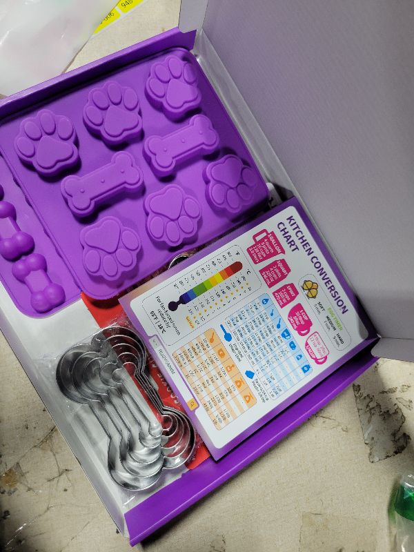 Photo 1 of 123 Pcs Homemade Dog Treat Molds & Cutters, Including 2 Silicone Dog Molds, 5+12 Cookie Cutters, 4 Recipe Cards, 50 Treat Bags & 50 Gold Twist Ties