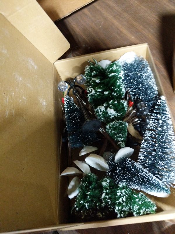 View 2 of 14 Pcs Christmas Accessories Village Figurine Miniature Pine Trees Snow Artificial Christmas Trees Bare Branch Tree Street Lamps for Xmas DIY Crafts Winter Room Landscape(Fresh Style)