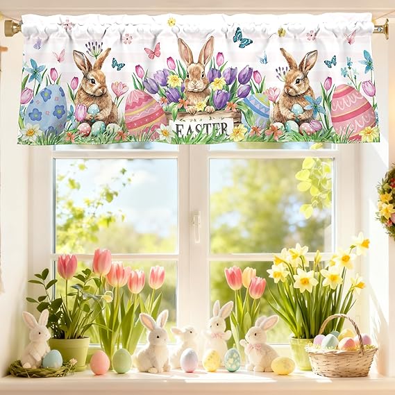 Photo 1 of **MSRP 6.99** Easter Bunny Valances for Windows 54x18 Inch Rabbit Easter Eggs Butterfly Flowers Spring Curtain Valance for Kitchen Bathroom Bedroom Living Room Decor