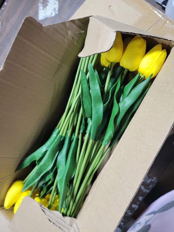 Photo 1 of 24 Pcs Yellow Tulips Artificial Flowers Real Touch Fake Tulips Fake Flowers for Mother's Day 13.5" Faux Tulips Faux Flowers Bulk Artificial Tulips Flowers for Vase Centerpieces Home Wedding Bouquet