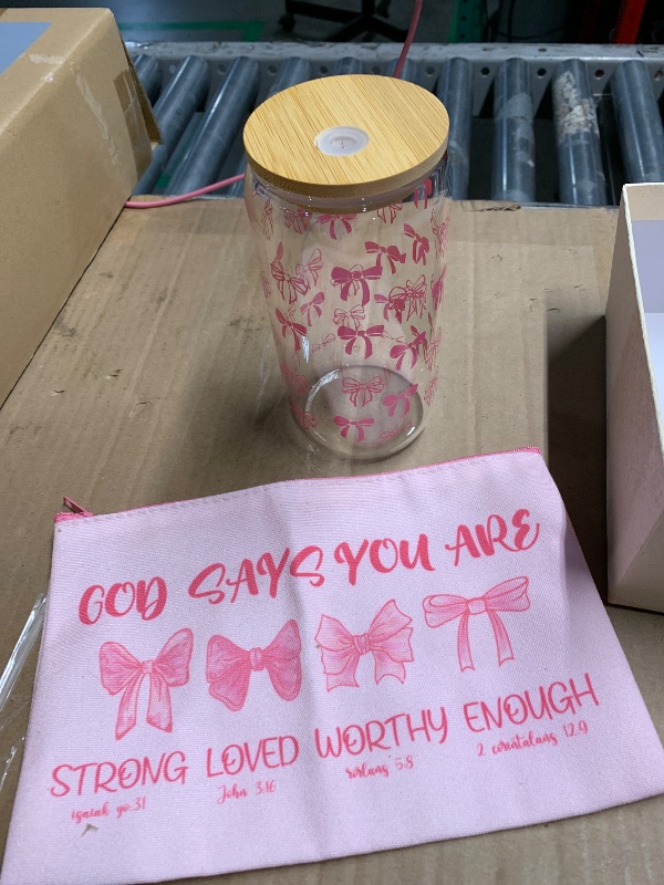 View 3 of ***CUP (NO STRAW) AND COSMETIC BAG ONLY***Boao 5 Pcs Pink Coquette Gift Set with Glass Cup, Socks, Cosmetic Bag Keychain Coquette Stuff Thank You Gift Box for Girls Women
