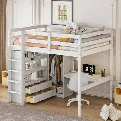 Photo 1 of ***FULL SET | TRUCK/TRAILER PICKUP ONLY*** Full Size Loft Bed with Wardrobe and Desk, Wood Full High Loft Bed with Storage Drawers and Shelves for Adults Kids Teens, White
