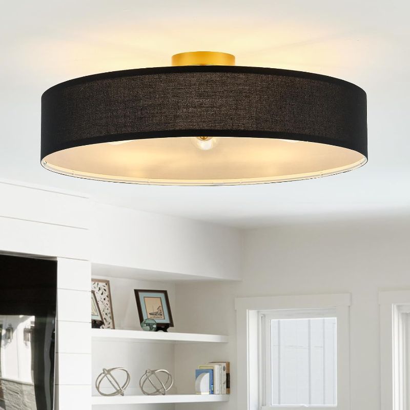 Photo 1 of *USED*VILUXY Black and Gold Semi Flush Mount Ceiling Light Fixture, 24’’ Large Modern Ceiling Light with Linen Fabric Shade 5-Light Drum Ceiling Lamp for Bedroom Living Dining Room Enteyway