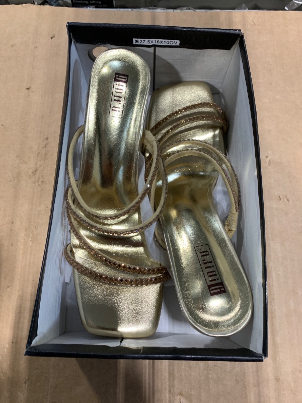 Photo 1 of *** DAMAGE TO THE BOX *** IDIFU Rhinestone Heels Gold Strappy Low Kitten Square Open Toe Mule Heels Wedding Bridal Prom Party Dress Shoes for Women Comfortable Dressy Formal Sparkly Slip On Heeled Sandals (Gold Pu, 9)