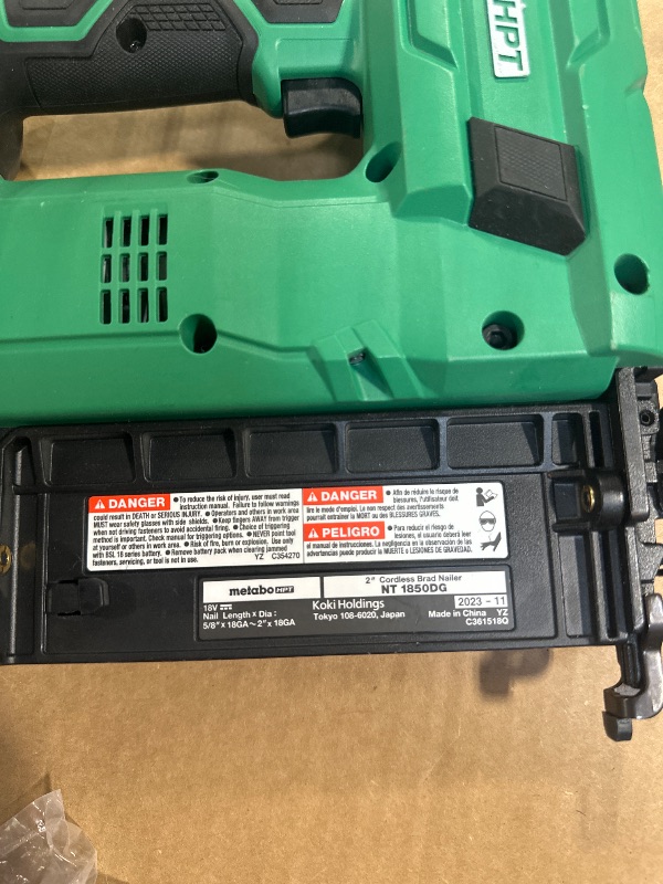 Photo 1 of **MISSING PARTS - See clerk notes**
Metabo HPT 18V MultiVolt Compact Cordless Brad Nailer Kit, 18 Gauge Nailer with Power Tool 2.0Ah Lithium Ion Battery, Drives 5/8" to 2" Brad Nails, 700 per Charge, NT1850DG