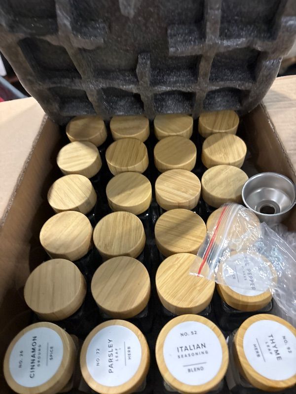 Photo 1 of **USED, NEEDS CLEANING**
EDELHAUS Square Spice Jars with Bamboo Wooden Lid (Pack of 24) Spice Jars with Shaker Insert and 240 Labels - Bamboo Lid Glass Container for Spice Organisation [4.3 in × 1.8 in]