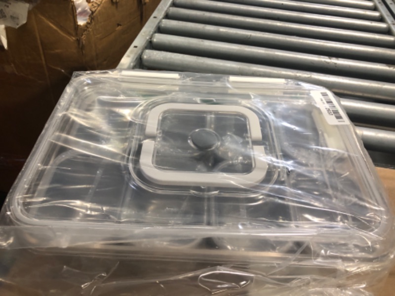 Photo 1 of **MAJOR DAMAGE**
Snackle Box Container, Stainless Steel Divided Serving Tray with Lid and Handle, 8 Compartment Portable Snack Platters - Clear Storage Organizer for Fruit Candy Nuts Veggie - Perfect for Travel Party