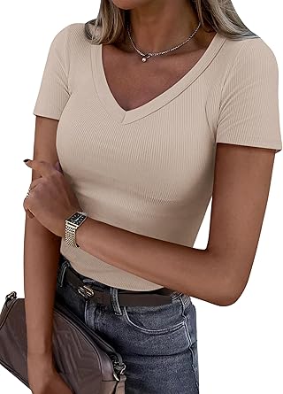 Photo 1 of **RETAIL: $14.99**SIMILAR**
Women Short Sleeve V Neck Ribbed Knit Fitted Shirts Basic Tees Tops 2026 Summer Casual T-Shirts Going Out Outfits, SMALL