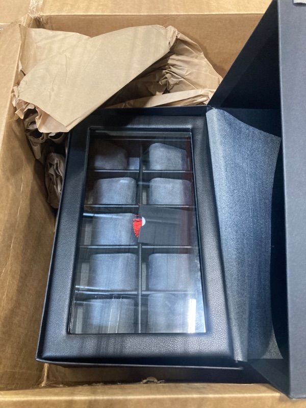 Photo 1 of ROTHWELL 20 Slot Leather Watch box - Luxury Case Display Jewelry Organizer, - Locking Display Case Holder with Large Real Glass Top - Watch Box Organizer for Men and Women (Black/Grey)