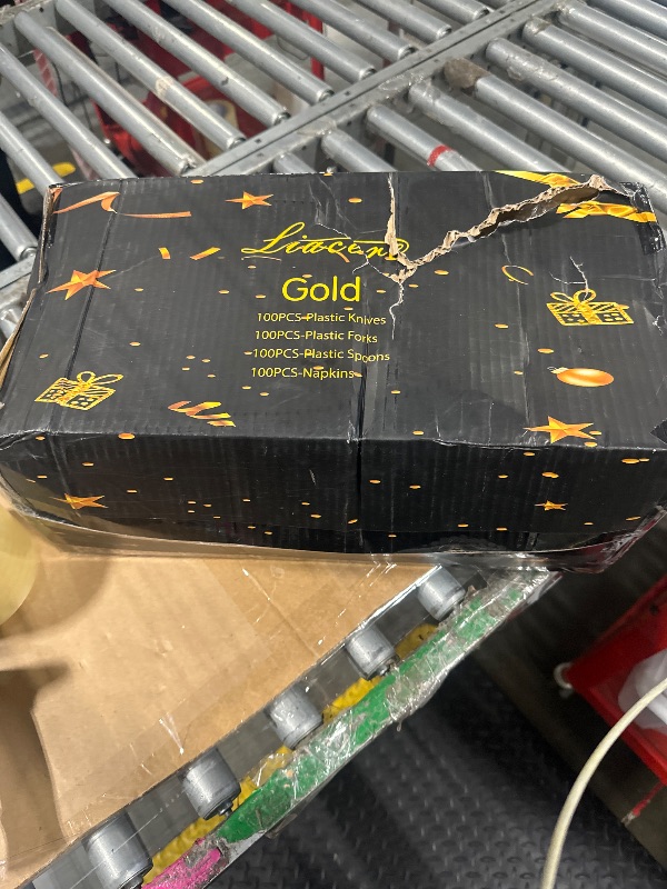Photo 1 of Liacere 400PCS Gold Plastic Silverware - Pre Rolled Napkins Disposable Gold Plastic Cutlery-Premium Quality Utensils-Includes 100Forks,100Knives,100Spoons,100 Napkins & Christmas & New Year