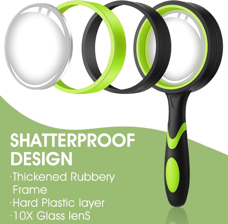 Photo 1 of  10X Magnifying Glass Handheld Shatterproof Reading Magnifier for Seniors and Kids, 50mm Colored Magnifying Lens with Non Slip Rubber for Observation Exploration Science 