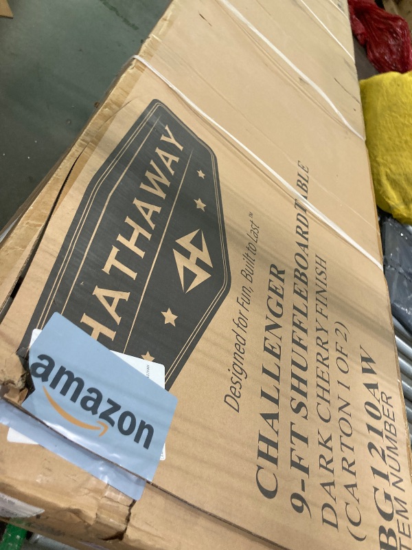 Photo 1 of ****PARTIAL SET, BOX 1/2***** Hathaway Merlot 12 Foot Shuffleboard Table for Family Game Room - with Lacquer Coated Playfield, Built-in Scorer and Cabinet, Climate Adjusters, Leg Levelers, 8 Pucks, Brush, and Wax - Walnut Finish