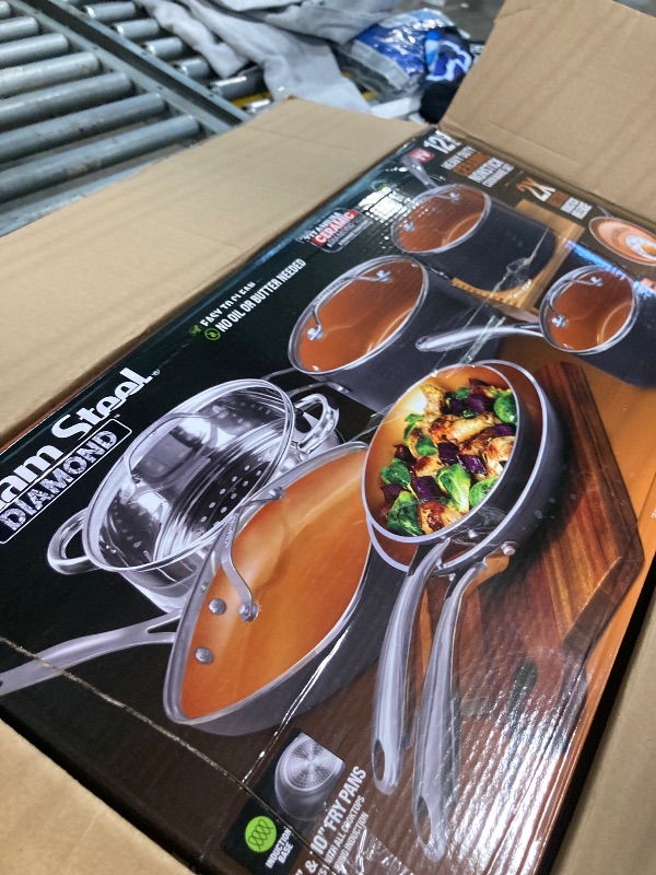 Photo 3 of Gotham Steel 12 Pc Ceramic Cookware Set Nonstick, Ceramic Pots and Pans Set Non Stick with Steamer for Cooking, Non Toxic PFOA PFOS Free, Ergonomic Stay Cool Handles, Oven & Dishwasher Safe, Copper