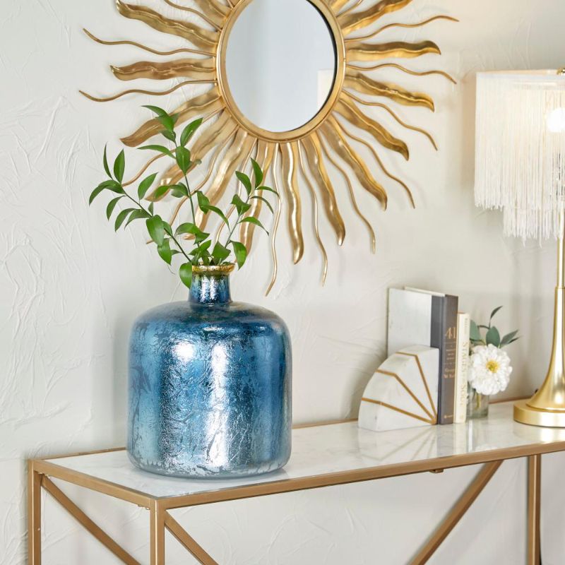 Photo 1 of ***FACTORY SEALED***12 in. Blue Handmade Glass Decorative Vase with Gold Rim
