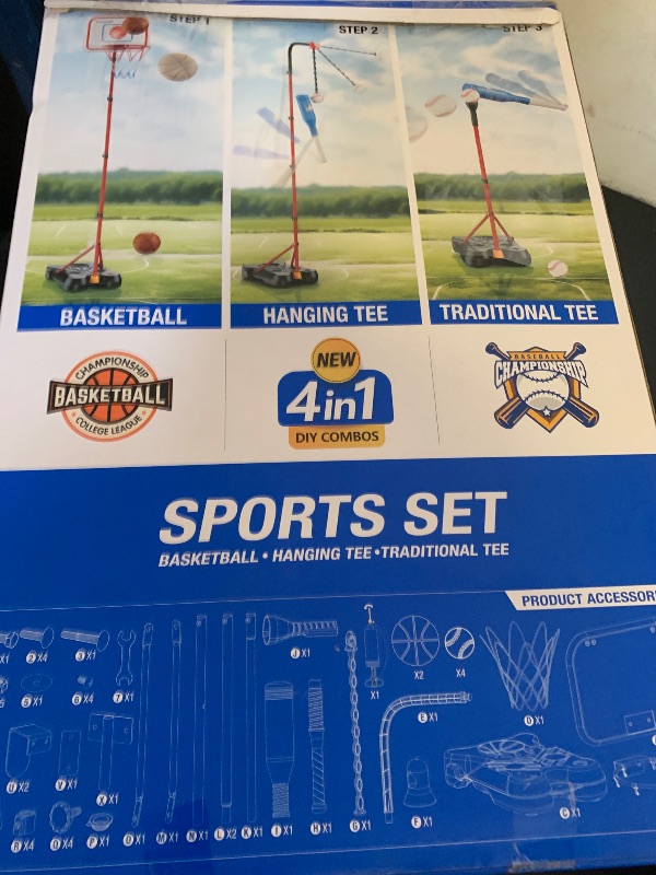 Photo 1 of 4 in 1 Kids Basketball Hoop and Tball Set for Toddlers 3-5, Adjustable Hanging Tee Ball Stand with Automatic Baseball Pitching Machine, Indoor Outdoor Sport Toys Birthday for Boys