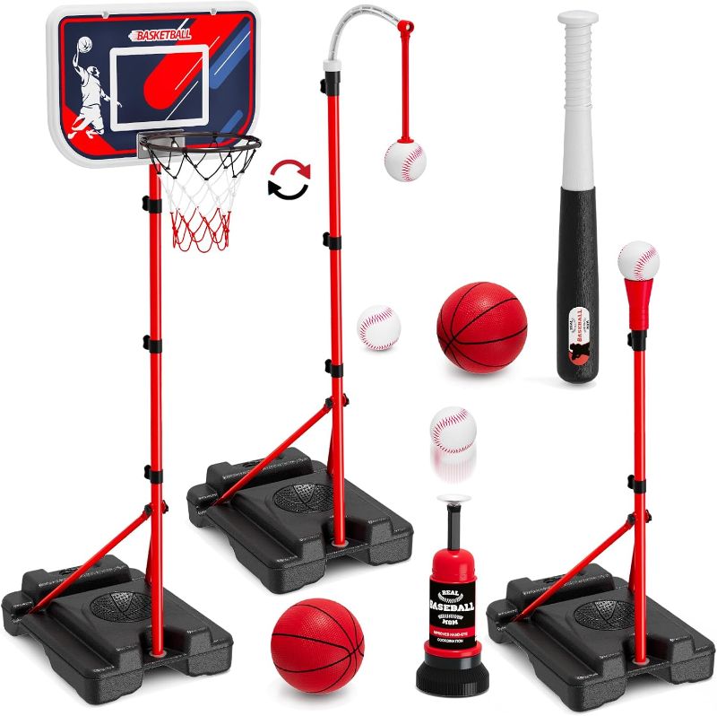 Photo 1 of 4 in 1 Kids Basketball Hoop and Tball Set for Toddlers 3-5, Adjustable Hanging Tee Ball Stand with Automatic Baseball Pitching Machine, Indoor Outdoor Sport Toys Birthday for Boys