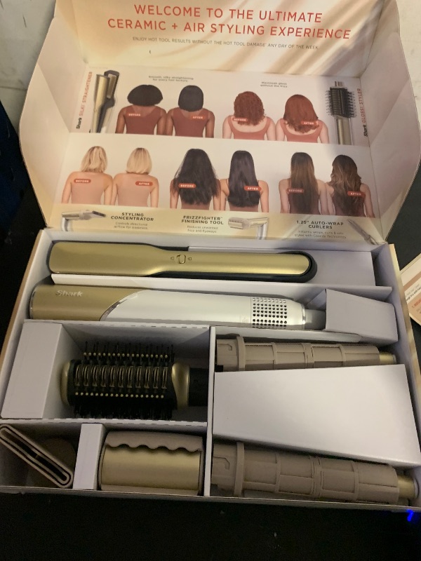 Photo 1 of Shark Glam Ceramic & Powerful Air Styling & Drying System, with Silki Straightener & Shark Glossi Air Glosser, for Drying, Curling, Straightening & Glossing, Gold, HD6051S (Straight & Wavy Hair)