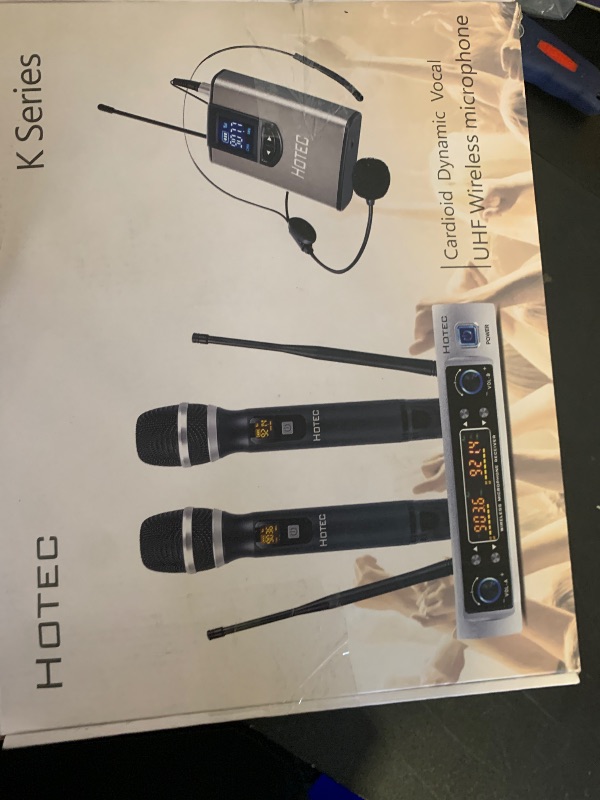 Photo 1 of HOTEC UHF Wireless Microphone System with Dual Lapel/Lavalier and Headset Microphones Over PA, Mixer, Speaker, Karaoke Machine for Church, Training, Classroom, Interview (H-K25)