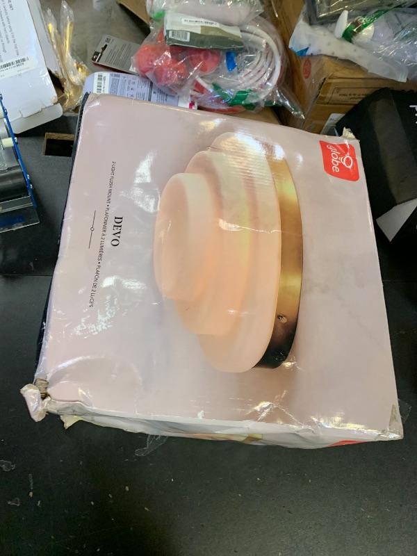 Photo 1 of Globe Electric 66000081 2-Light Flush Mount Ceiling Light, Matte Brass Finish, Tiered White Milk Glass Shade, E12 Base, Dimmable